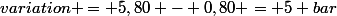 variation = 5,80 - 0,80 = 5 bar