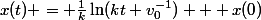 x(t) = \frac{1}{k}\ln(kt+v_0^{-1}) + x(0)