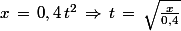 x\,=\,0,4\,t^2\,\Rightarrow\,t\,=\,\sqrt{\frac{x}{0,4}}