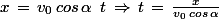 x\,=\,v_0\,cos\,\alpha\,\,\,t\,\Rightarrow\,t\,=\,\frac{x}{v_0\,cos\,\alpha}