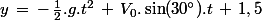 y\,=\,-\,\frac{1}{2}.g.t^2\,+\,V_0.\sin(30^\circ).t\,+\,1,5
