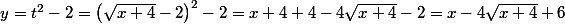 y=t^{2}-2=\left(\sqrt{x+4}-2\right)^{2}-2=x+4+4-4\sqrt{x+4}-2=x-4\sqrt{x+4}+6