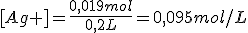[Ag+]=\frac{0,019mol}{0,2L}=0,095mol/L