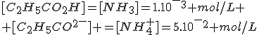 [C_2H_5CO_2H]=[NH_3]=1.10^-^3 mol/L
 \\ [C_2H_5CO^2^-] =[NH_4^+]=5.10^-^2 mol/L