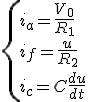 \{i_a=\frac{V_0}{R_1}\\i_f=\frac{u}{R_2}\\i_c=C\frac{du}{dt}