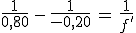 \frac{1}{0,80}\,-\,\frac{1}{-0,20}\,=\,\frac{1}{f^'}