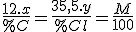 \frac{12.x}{%C}=\frac{35,5.y}{%Cl}=\frac{M}{100}