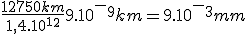 \frac{12750km}{1,4.10^1^2}9.10^-^9km=9.10^-^3mm