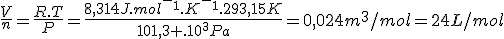 \frac{V}{n}=\frac{R.T}{P}=\frac{8,314J.mol^-^1.K^-^1.293,15K}{101,3 .10^3Pa}=0,024m^3/mol=24L/mol