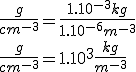 \frac{g}{cm^{-3}}=\frac{1.10^{-3}kg}{1.10^{-6}m^{-3}}\\\frac{g}{cm^{-3}}=1.10^{3}\frac{kg}{m^{-3}}