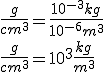 \frac{g}{cm^{3}}=\frac{10^{-3}kg}{10^{-6}m^{3}}\\\frac{g}{cm^{3}}=10^{3}\frac{kg}{m^{3}}
