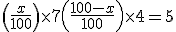 \left(\frac{x}{100}\right)\times 7 + \left(\frac{100-x}{100}\right)\times 4 = 5