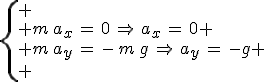 \left\{
 \\ m\,a_x\,=\,0\,\Rightarrow\,a_x\,=\,0
 \\ m\,a_y\,=\,-\,m\,g\,\Rightarrow\,a_y\,=\,-g
 \\ 