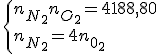 \left{ n_{N_{2}} + n_{O_{2}} = 4188,80 \\ n_{N_{2}}=4n_{0_{2}} 