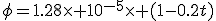 \phi=1.28\times 10^{-5}\times (1-0.2t)