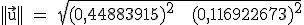 \rm ||\vec{u}|| = \sqrt{(0,44883915)^2 + (0,116922673)^2}