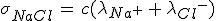 \sigma_{NaCl}\,=\,c(\lambda_{Na^+}\,+\,\lambda_{Cl^-})