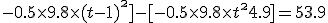 -0.5 \times 9.8 \times (t-1)^\2]-[-0.5 \times 9.8 \times t^\2 +4.9 ]= 53.9