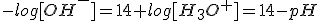 -log[OH^-]=14+log[H_3O^+]=14-pH