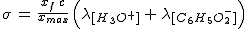 2$\sigma\,=\,\frac{x_f\,c}{x_{max}}\,\Big(\lambda_{[H_3O^+]}\,+\,\lambda_{[C_6H_5O_2^-]}\Big)