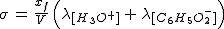 2$\sigma\,=\,\frac{x_f}{V}\,\Big(\lambda_{[H_3O^+]}\,+\,\lambda_{[C_6H_5O_2^-]}\Big)