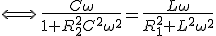 3$\Longleftrightarrow\,\frac{C\omega}{1+R_2^2C^2\omega^2}=\frac{L\omega}{R_1^2+L^2\omega^2}