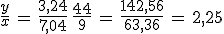 3$\frac{y}{x}\,=\,\frac{3,24}{7,04}\,\frac{44}{9}\,=\,\frac{142,56}{63,36}\,=\,2,25