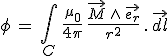 3$\phi\,=\,\int_C\,\frac{\mu_0}{4\pi}\,\frac{\vec{M}\,\wedge\,\vec{e_r}}{r^2}\,.\,\vec{dl}