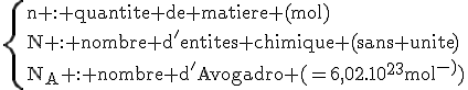 3$\rm\{n : quantite de matiere (mol)\\N : nombre d'entites chimique (sans unite)\\N_A : nombre d'Avogadro (=6,02.10^{23}mol^{-1})