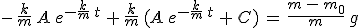 3$-\,\frac{k}{m}\,A\,e^{-\frac{k}{m}\,t}\,+\,\frac{k}{m}\,(A\,e^{-\frac{k}{m}\,t}\,+\,C)\,=\,\frac{m\,-\,m_0}{m}\,g