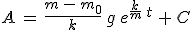 3$A\,=\,\frac{m\,-\,m_0}{k}\,g\,e^{\frac{k}{m}\,t}\,+\,C