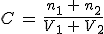 3$C\,=\,\frac{n_1\,+\,n_2}{V_1\,+\,V_2}