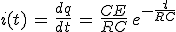 3$i(t)\,=\,\frac{dq}{dt}\,=\,\frac{CE}{RC}\,e^{-\frac{t}{RC}}