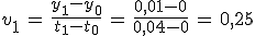 3$v_1\,=\,\frac{y_{1}-y_{0}}{t_{1}-t_{0}}\,=\,\frac{0,01-0}{0,04-0}\,=\,0,25