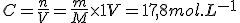 C = \fr{n}{V} = \fr{m}{M}\times{1}{V} = 17,8 mol.L^{-1}