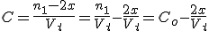 C=\frac{n_1-2x}{V_t}=\frac{n_1}{V_t}-\frac{2x}{V_t}=C_o-\frac{2x}{V_t}