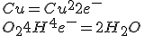 Cu=Cu^{2+}+2e^-
 \\ O_2 + 4H^++ 4e^- = 2H_2O