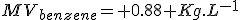 MV_{benzene}= 0.88 Kg.L^{-1}