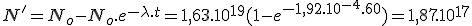 N'=N_o-N_o.e^{-\lambda.t}=1,63.10^{19}({1-e^{-1,92.10^{-4}.60}})=1,87.10^{17}