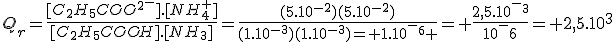 Q_r=\frac{[C_2H_5COO^2^-].[NH_4^+]}{[C_2H_5COOH].[NH_3]}=\frac{(5.10^{-2})(5.10^{-2})}{(1.10^{-3})(1.10^{-3})= 1.10^-^6 }= \frac{2,5.10^-^3}{10^-6}= 2,5.10^3