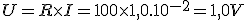 U = R\times{I} = 100\times{1,0.10^{-2}} = 1,0 V