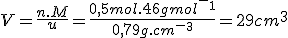 V=\frac{n.M}{u}=\frac{0,5mol.46gmol^-^1}{0,79g.cm^-^3}=29cm^3