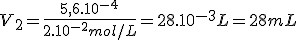 V_2=\frac{5,6.10^{-4}}{2.10^{-2}mol/L}=28.10^{-3}L=28mL