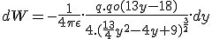 dW=-\frac{1}{4\pi\epsilon}.\frac{q.qo(13y-18)}{4.(\frac{13}{4}y^2-4y+9)^{\frac{3}{2}}}.dy