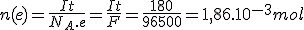 n(e)=\frac{It}{N_A.e}=\frac{It}{F}=\frac{180}{96500}=1,86.10^{-3}mol