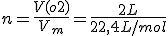 n=\frac{V(o2)}{V_m}=\frac{2L}{22,4L/mol}