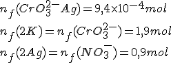 n_{f}(CrO_{3}^{2-} + Ag^{+}) = 9,4 \times 10^{-4} mol
 \\ 
 \\ n_{f}(2 K^{+}) = n_{f}(CrO_{3}^{2-}) = 1,9 mol
 \\ 
 \\ n_{f}(2 Ag^{+}) = n_{f}(NO_{3}^{-}) = 0,9 mol