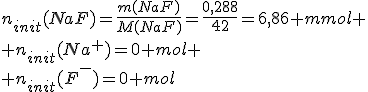 n_{init}(NaF)=\frac{m(NaF)}{M(NaF)}=\frac{0,288}{42}=6,86 mmol
 \\ n_{init}(Na^+)=0 mol
 \\ n_{init}(F^-)=0 mol