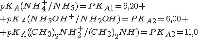 pK_A(NH_4^+/NH_3)=PK_{A1}=9,20
 \\ pK_A(NH_3OH^+/NH_2OH)=PK_{A2}=6,00
 \\ pK_A((CH_3)_2NH_2^+/(CH_3)_2NH)=PK_{A3}=11,0