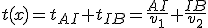 t(x)=t_{AI}+t_{IB}=\frac{AI}{v_1}+\frac{IB}{v_2}